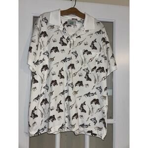 Michael Austin Fish themed Polo Shirt White Preppy Medium